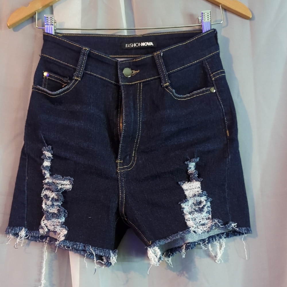 Fashion Nova Dark Blue Distressed Jean Shorts